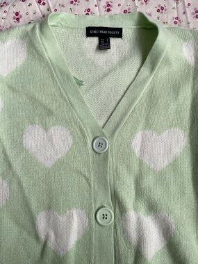 Streetwear Society Mint Green Cardigan with White Heart Motif